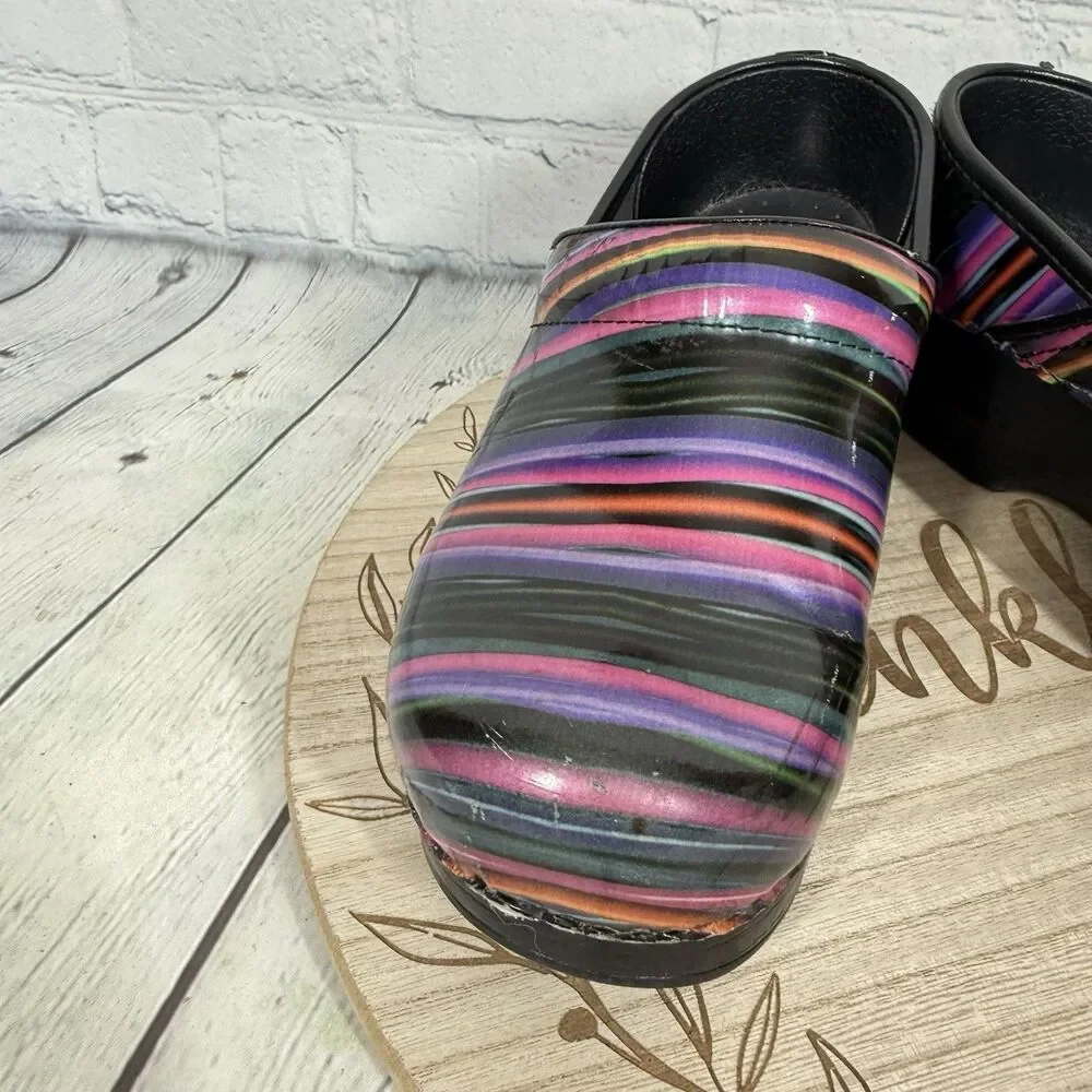 Dansko Professional Clogs Size 37 EU 6.5-7 US Rainbow Stripe Patent Leather Shoe